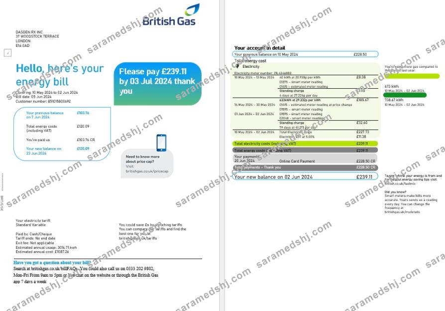 United Kingdom British Gas business utility bill, Word and PDF template, 2 pages
